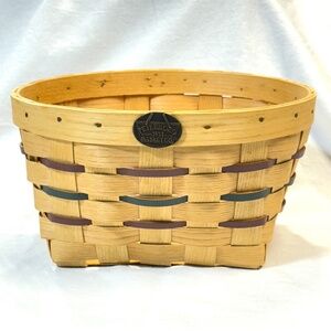 Peterboro Basket Co Woven Basket Round Top Square Base Green & Burgundy Leather